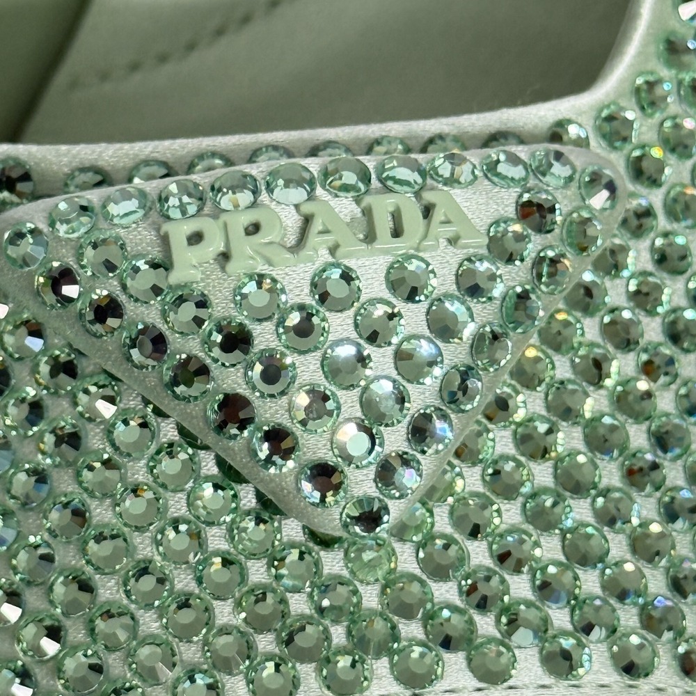Prada 1XX642 Satin Crystal Embellished Acqua Slide Heel Sandals, 36.5 - Picture 14 of 16